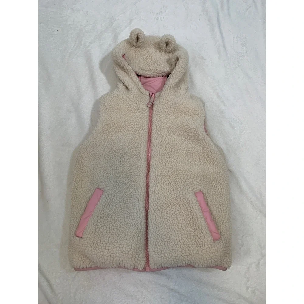 Mini Boden Reversible Puffer Vest Girls 6-7Y Pink Beagle‎ Dog Sherpa Fleece Hood